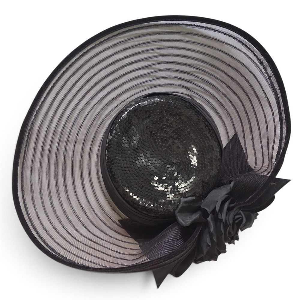 Vintage 80s 90s Does 40s Glam Whittall Shon Black Statement Hat Sequins Rosette
